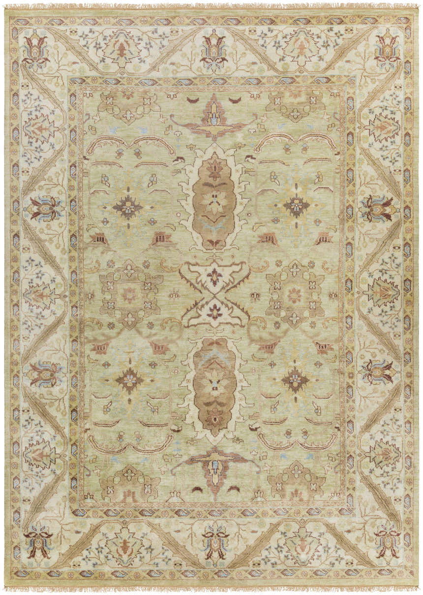 Overhead view of a rectangular Sargeant Area Rug in light sage, tan, and brown. Hand-knotted traditional farmhouse style. Design-Rectangle-811