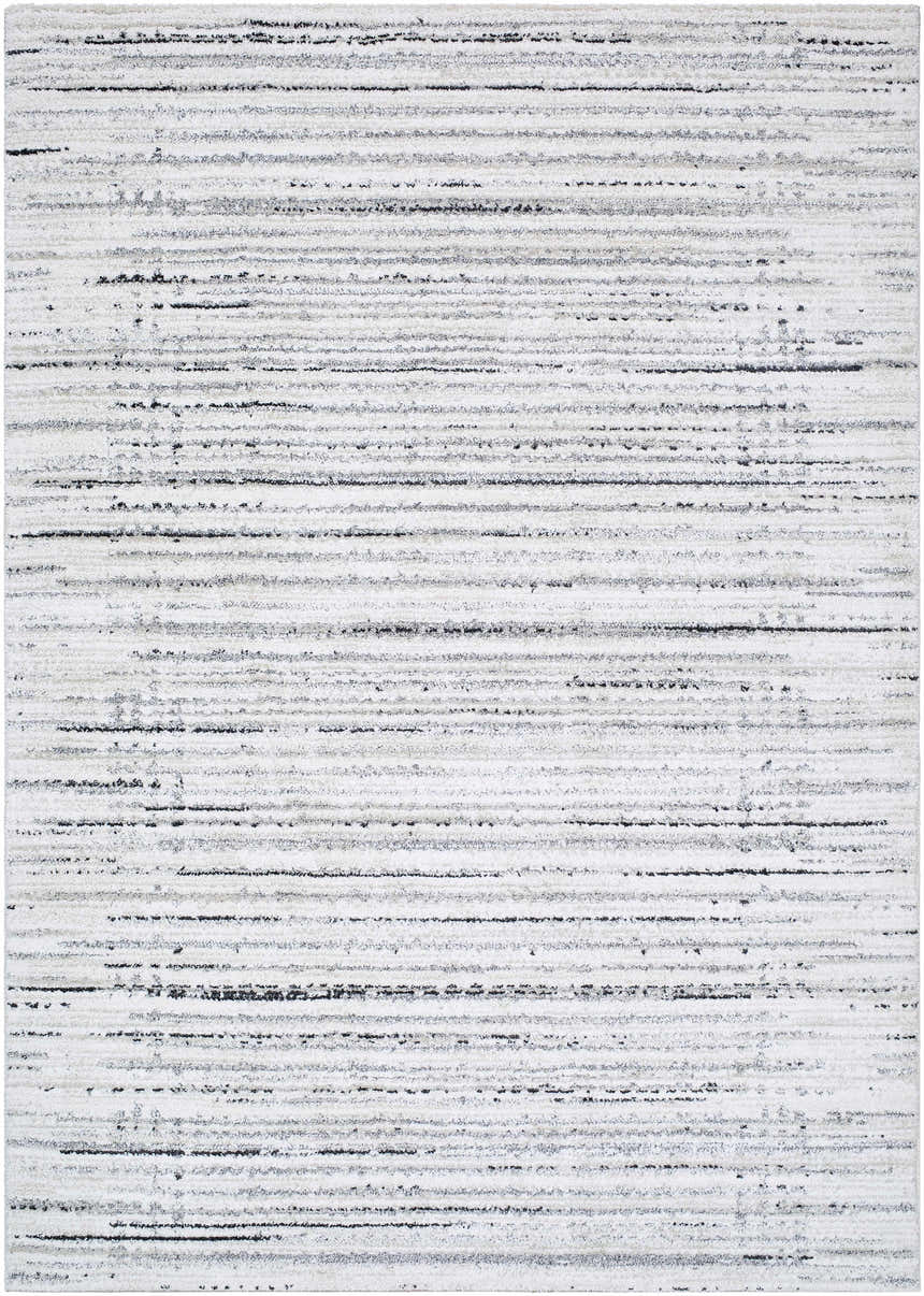 Close-up of the Salus Luxe Rug, a contemporary rug with beige, black, and white horizontal stripes. Design-Rectangle-5373