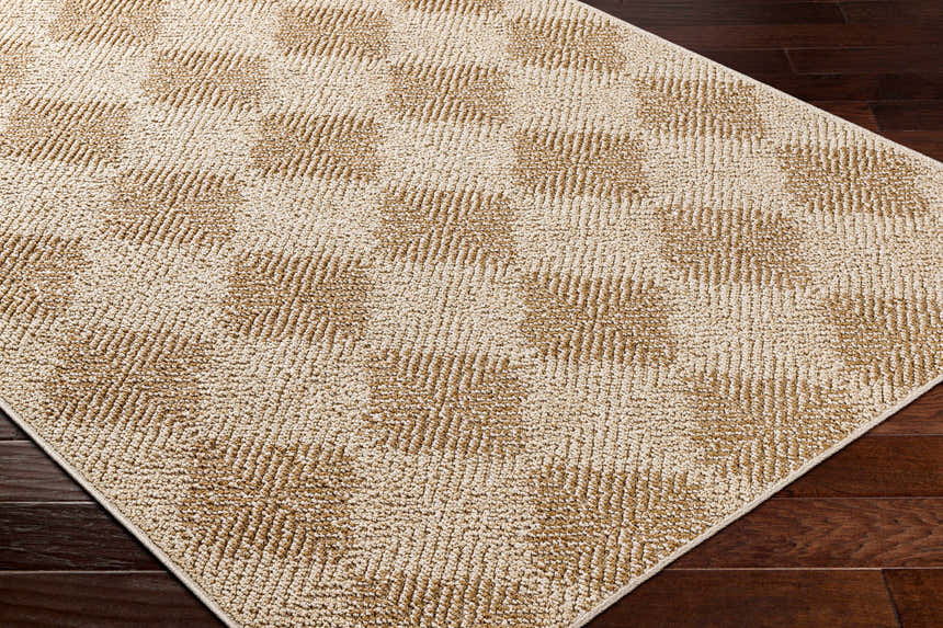 Close-up of the Broox Beige Area Rug showing its textured, geometric pattern and neutral color palette on dark wood floors. Corner