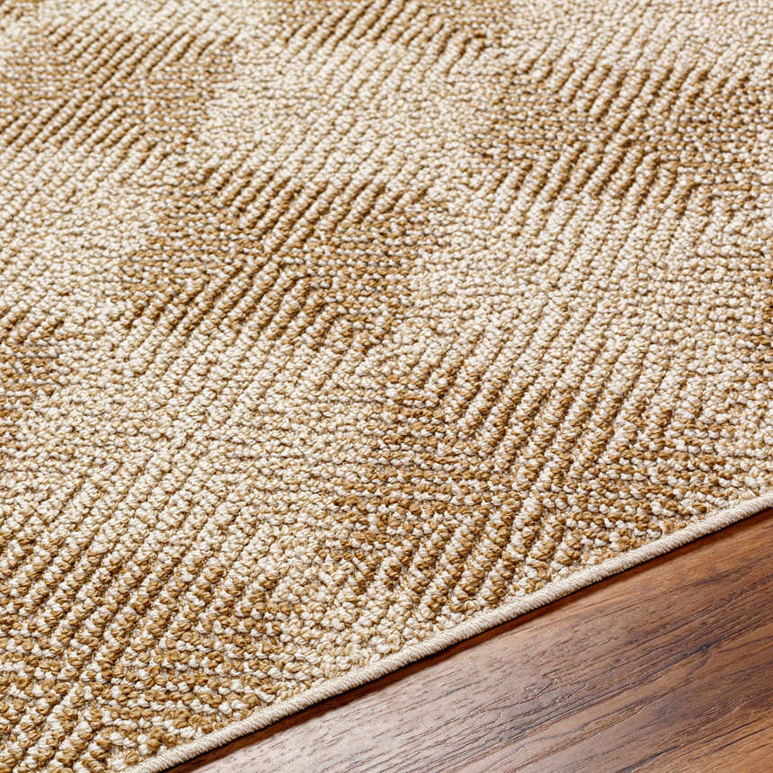 Close up of the Broox Beige Area Rug showing its textured weave and neutral color palette. Texture
