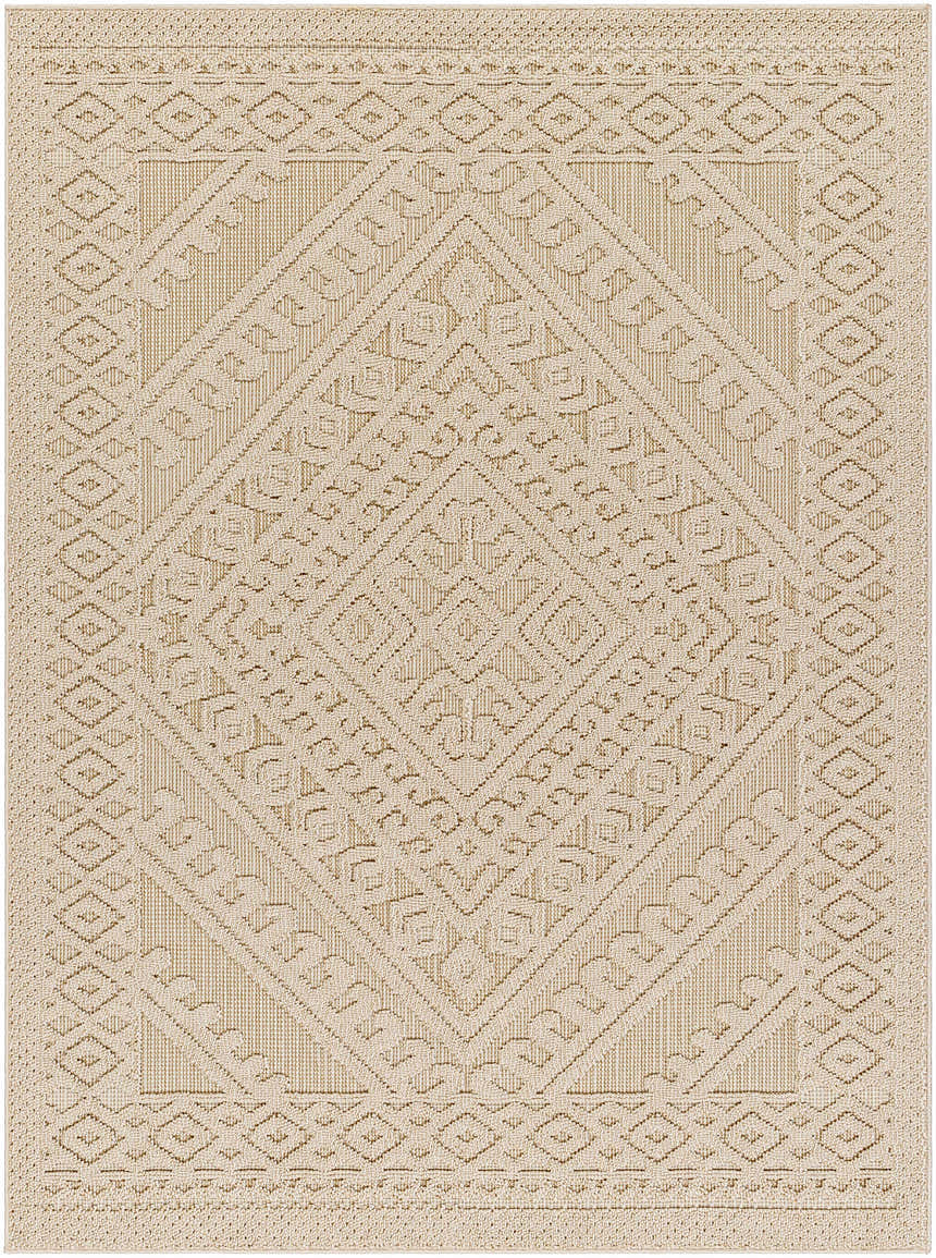 Close-up of the Hibah Bone Area Rug featuring a geometric diamond pattern in beige and bone hues. Contemporary style. Design-Rectangle-537