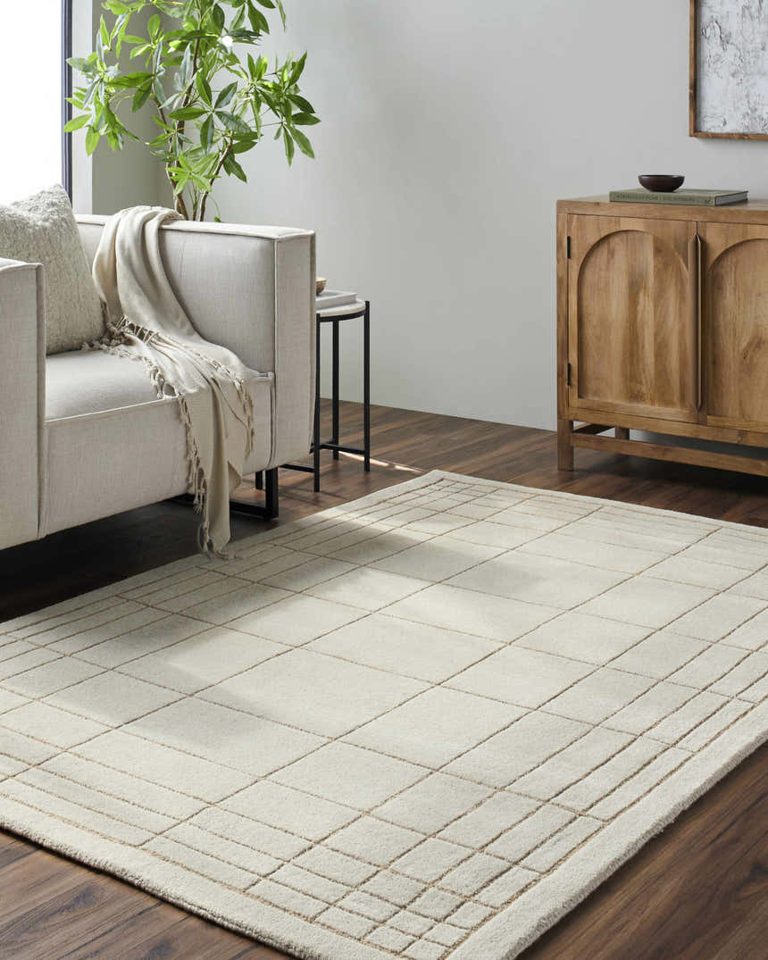 Living room scene with a tan Sedna Wool Area Rug, light gray sofa, and wooden cabinet. Roomscene-Rectangle