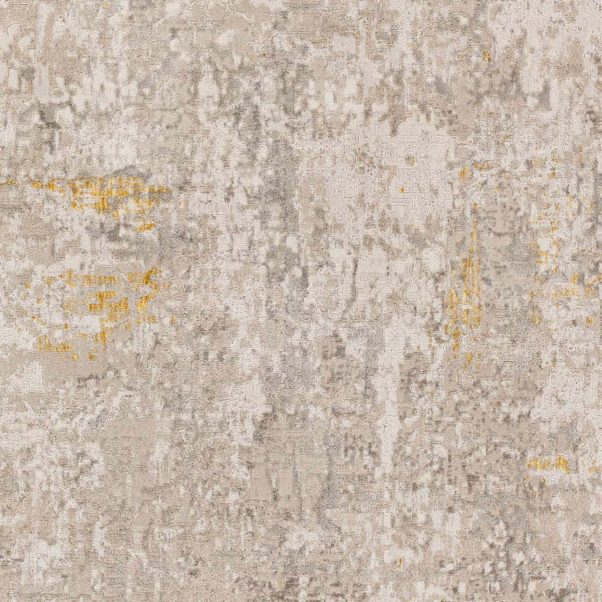 Close-up of the Yuji Area Rug, featuring a distressed pattern in beachhouse, cloud gray, and nutmeg tones. Swatch