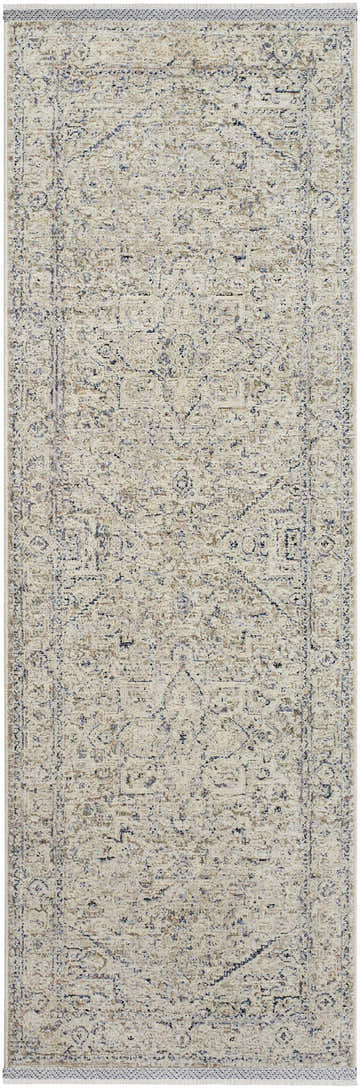 Close-up of the Charo Dusty Sage Area Rug, showcasing its traditional pattern and dusty sage, medium gray colors. Design-Runner-27710