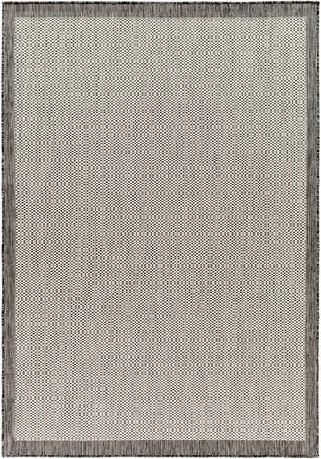 Close-up of the Aleid Gray Area Rug, a machine-woven rug with a small beige and gray geometric pattern and fringed edges. Design-Rectangle-537