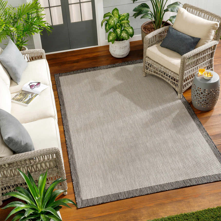 Outdoor patio scene with Aleid Gray Area Rug, wicker furniture, and potted plants on a wood deck. Roomscene-Rectangle