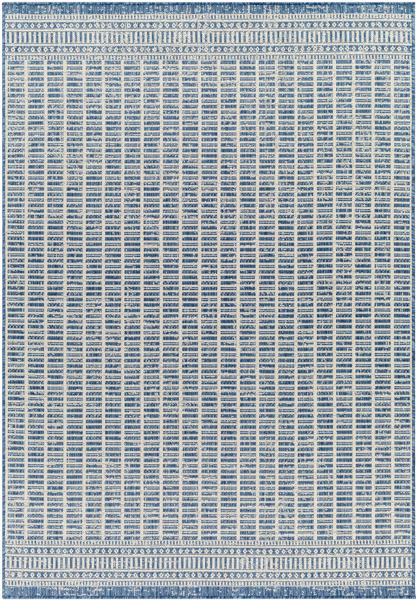 Close-up of the Amena Blue Area Rug, featuring a geometric pattern in arctic sky, stone, and denim hues. Machine woven texture. Design-Rectangle-537