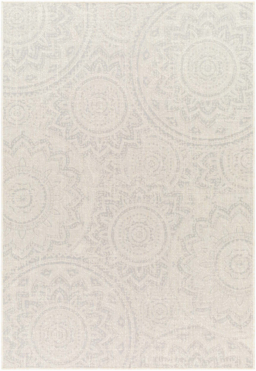 Close-up of the Ayala Cream Area Rug showing a beige and gray traditional medallion pattern and woven texture. Design-Rectangle-537