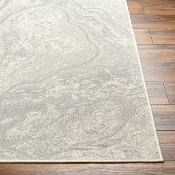 Close-up of Basma Cream Marble Area Rug showing its beige and gray contemporary design and woven texture. Front