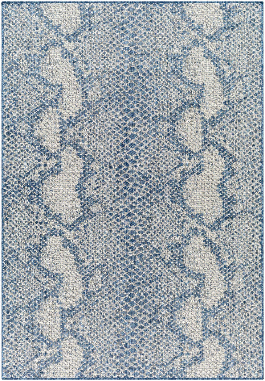 Close-up of the Estee Blue Snake-Patterned Area Rug, featuring a detailed blue and gray animal print design. Design-Rectangle-537
