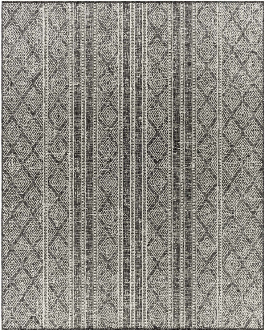 Close-up of Gavin Nutmeg Area Rug. Beige, bone, and gray diamond pattern with striped accents, farmhouse style. Design-Rectangle-710102