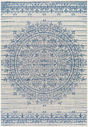 Close-up of the Honza Silver Blue Area Rug, featuring a traditional blue floral medallion pattern on a light neutral background. Design-Rectangle-537