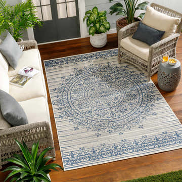 Patio scene with Honza Silver Blue Area Rug, wicker furniture, and potted plants for a relaxing outdoor living space. Roomscene-Rectangle