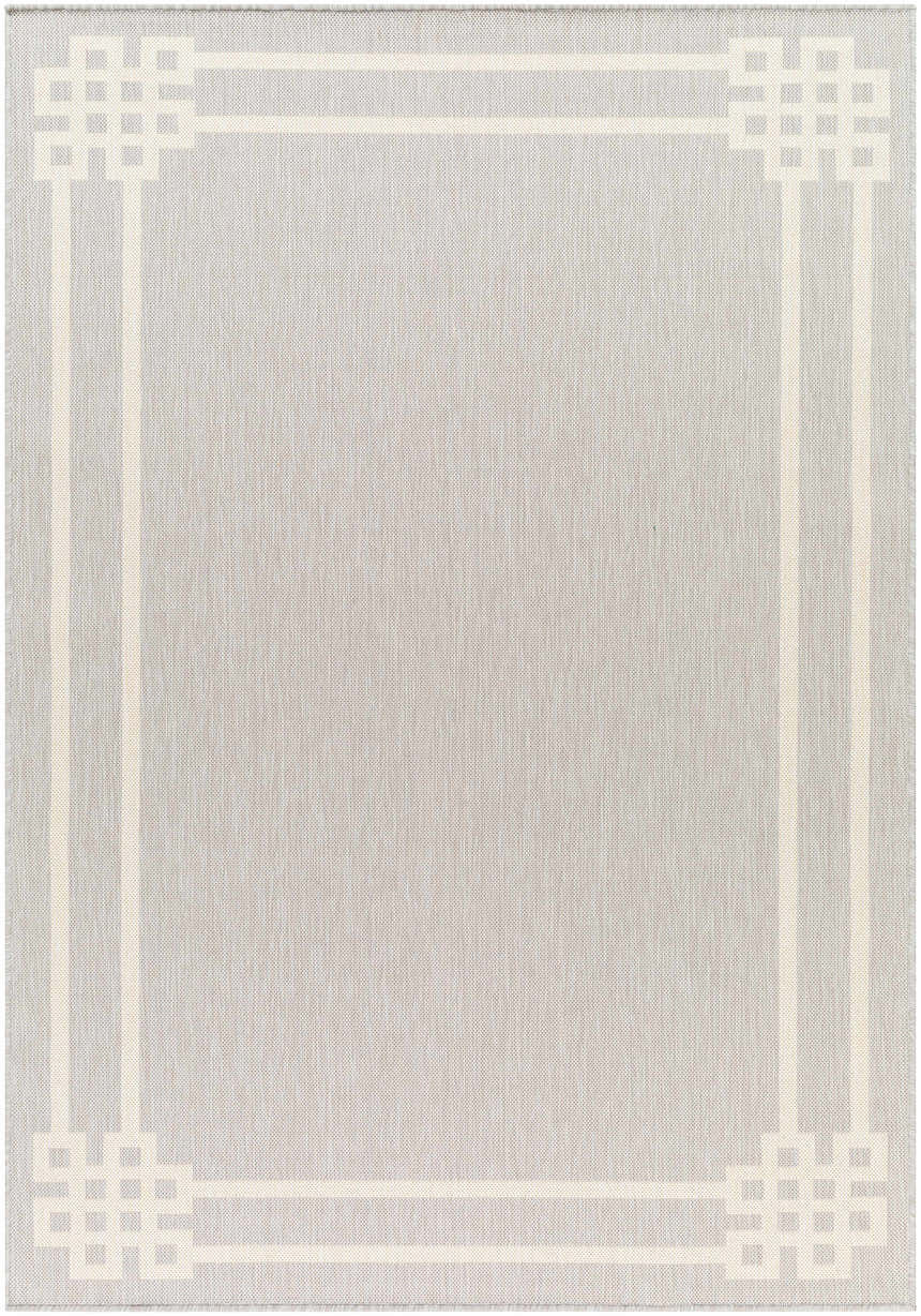 Close-up of the Ilori Light Gray Area Rug, showcasing its contemporary geometric border and subtle woven texture. Design-Rectangle-537