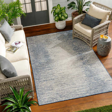 Sunroom scene with Medi Silver Blue Area Rug, wicker furniture, wood floors, and potted plants. Roomscene-Rectangle