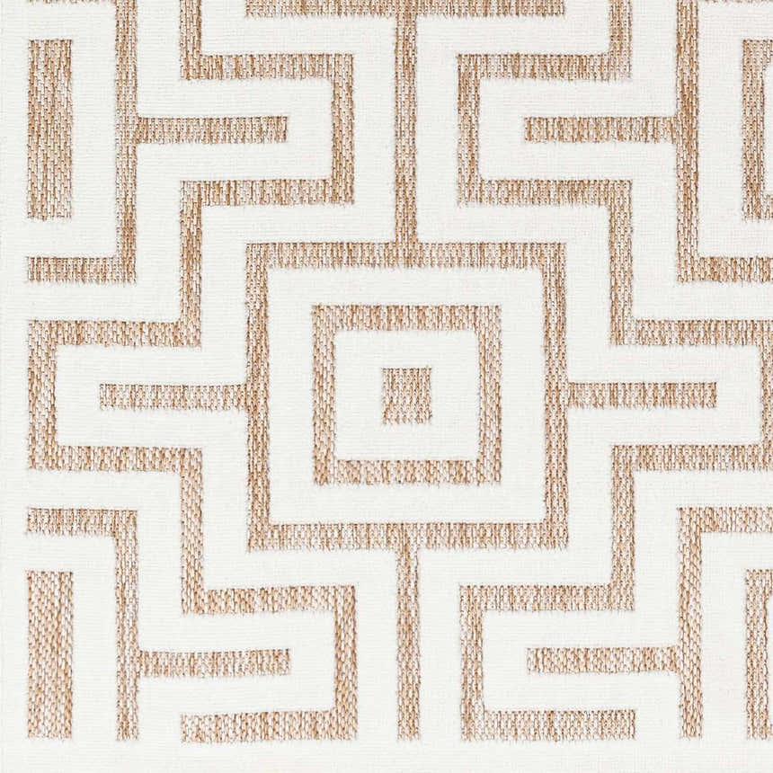 Close-up of the Zevi Tan Outdoor Rug featuring a geometric maze pattern in tan against a cream background. Swatch