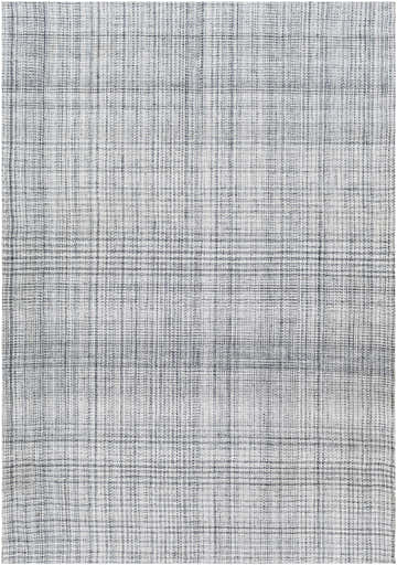 Close-up of the Jezel Gray Area Rug, a hand-woven rug with a subtle gray plaid pattern and soft, textured yarn. Design-Rectangle-576