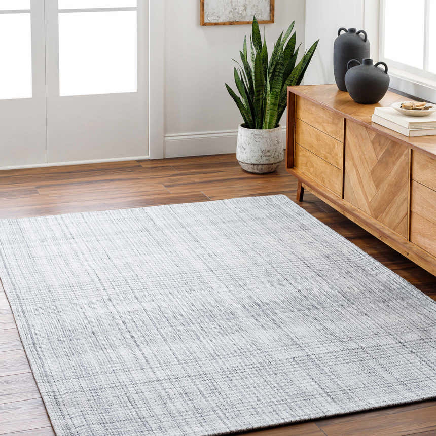 Living room with Jezel Gray Area Rug, wood floors, console table, plant, and neutral decor. Roomscene-Rectangle