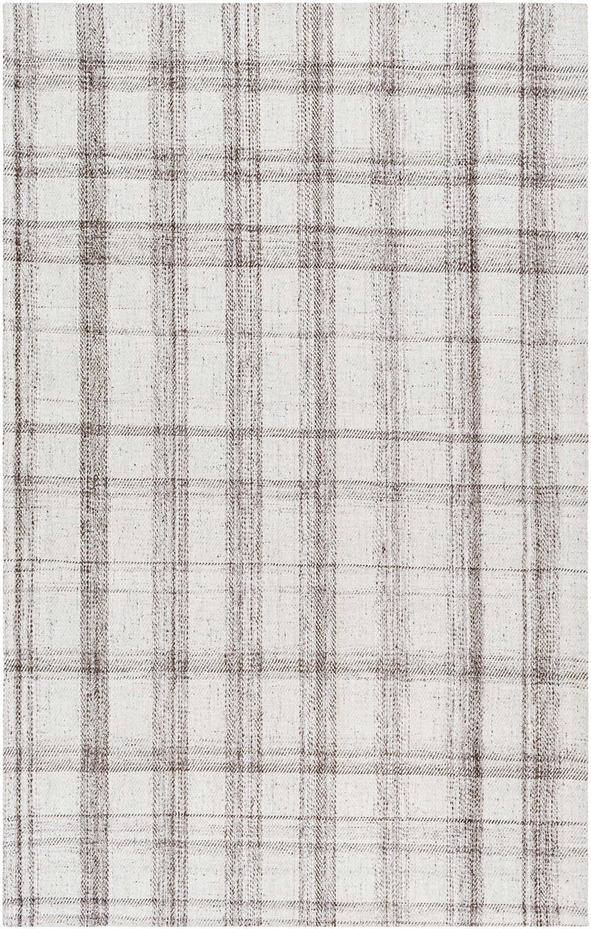 Close-up of the Leeba Beige Plaid Area Rug showing its woven texture and neutral farmhouse pattern. Design-Rectangle-576
