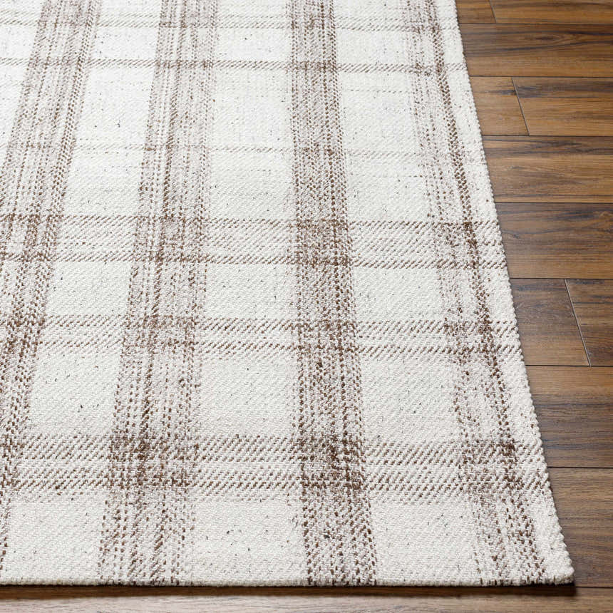 Close-up of the hand-woven Leeba Beige Plaid Area Rug showing its texture and farmhouse design on wood floors. Front