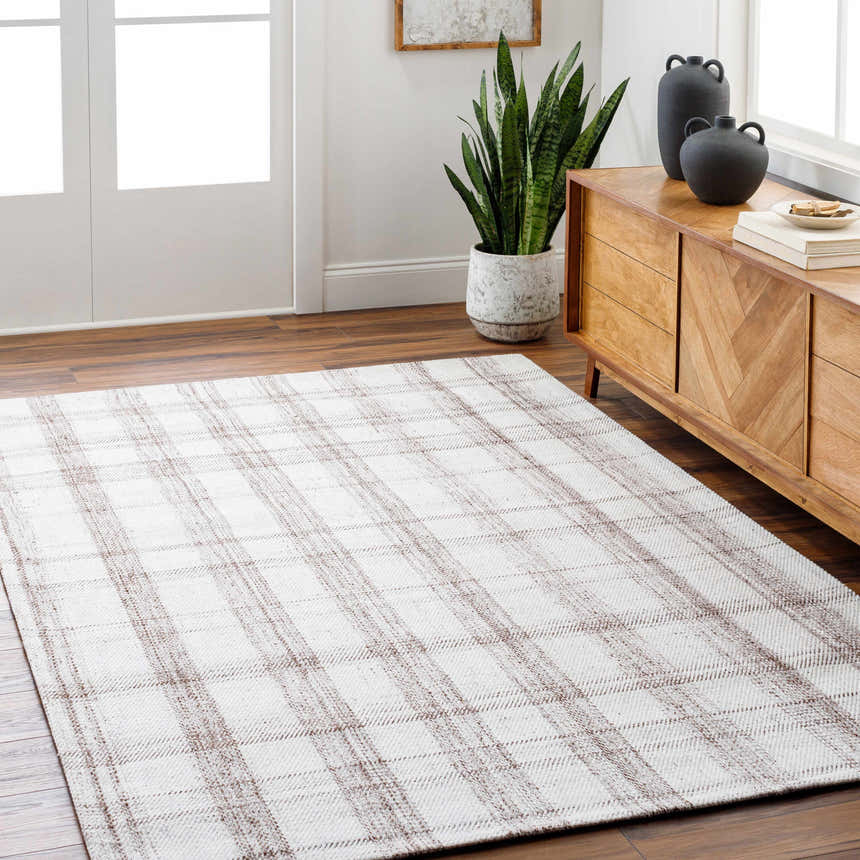 Living room scene with a Leeba Beige Plaid Area Rug, wood floors, console table, plant, and neutral decor. Roomscene-Rectangle
