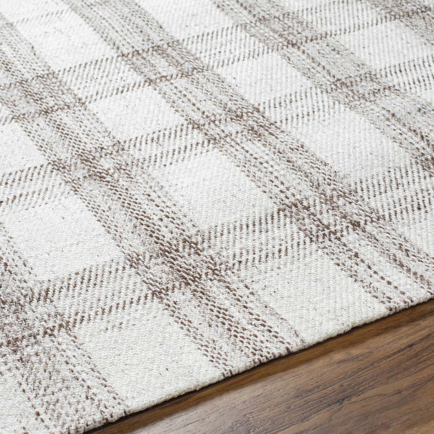 Close-up of the hand woven Leeba Beige Plaid Area Rug showing its texture and farmhouse style pattern. Texture