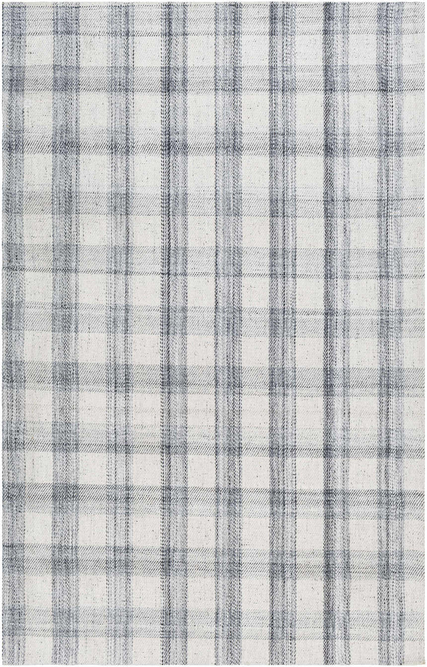 Close-up of the Leeba Gray Plaid Area Rug, a hand-woven rug with a farmhouse style plaid pattern in gray and white. Design-Rectangle-576
