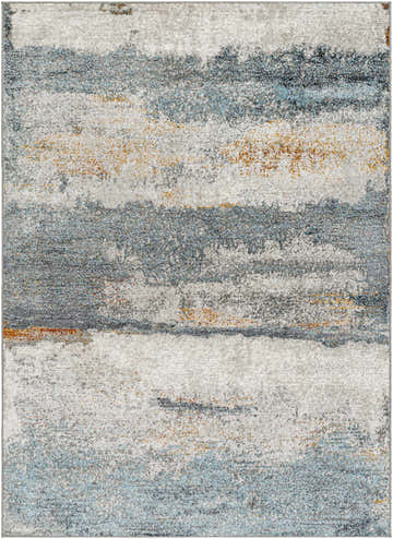 Close-up of Adam Gray Blue Abstract Area Rug with charcoal, gray, beige, and brown horizontal striations. Design-Rectangle-537