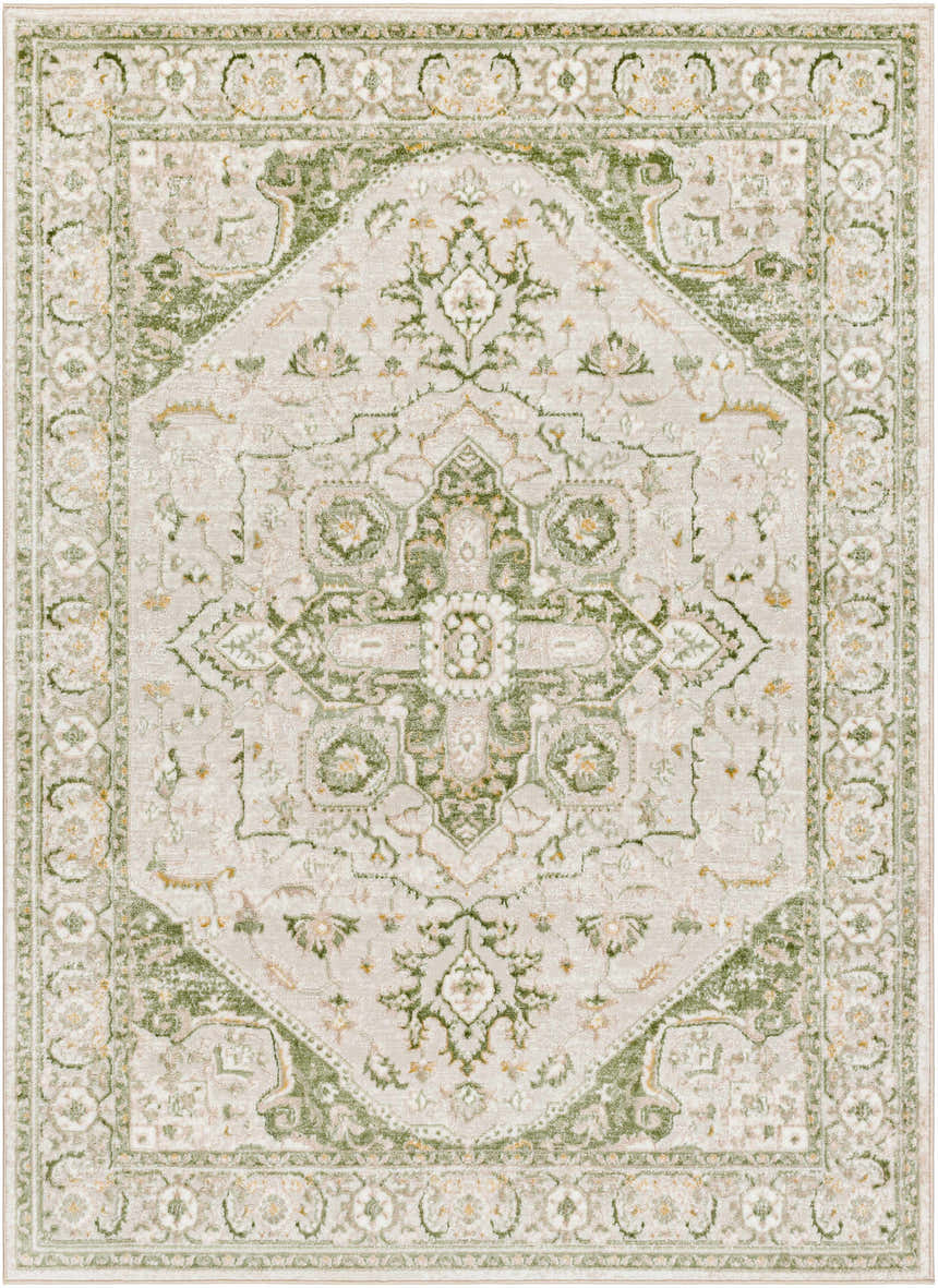 Close-up of the Gauri Green Medallion Area Rug, showcasing its farmhouse style, traditional pattern, and soft green hues. Design-Rectangle-537