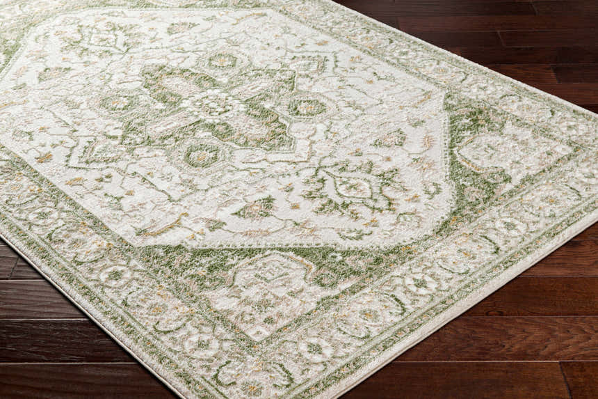 Close-up of Gauri Green Medallion Area Rug on dark wood floor. Farmhouse style rug with traditional medallion pattern. Corner