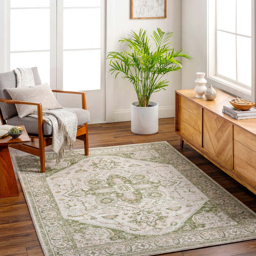 Living room scene with a Gauri Green Medallion Area Rug, gray chair, wood console, and indoor plant. Roomscene-Rectangle