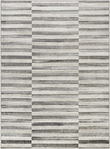 Close-up of the Gorou Taupe Area Rug featuring a horizontal striped pattern in shades of gray, taupe, and white. Design-Rectangle-537
