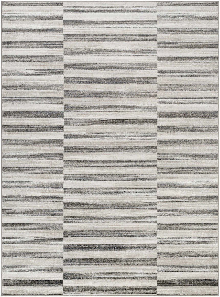 Close-up of the Gorou Taupe Area Rug featuring a horizontal striped pattern in shades of gray, taupe, and white. Design-Rectangle-537