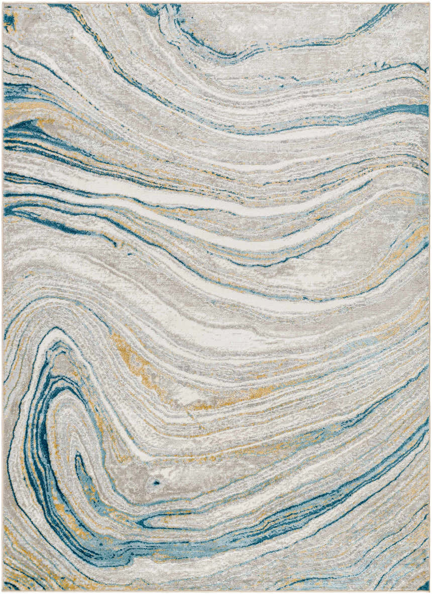 Close up of the Gregg Silver Gray Marble Area Rug featuring a swirling gray, blue, and gold pattern. Design-Rectangle-537