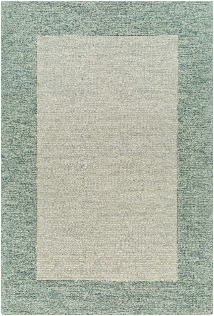 Close-up of the Amadi Green Wool Area Rug, featuring a solid light gray center and a textured green border. Design-Rectangle-576
