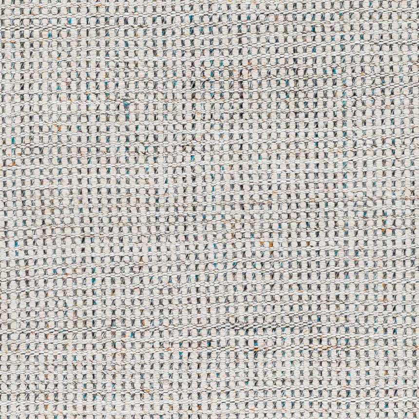Close-up of the Beige Teal Aron Area Rug. Hand woven recycled yarn with subtle charcoal, teal, and brown flecks. Swatch