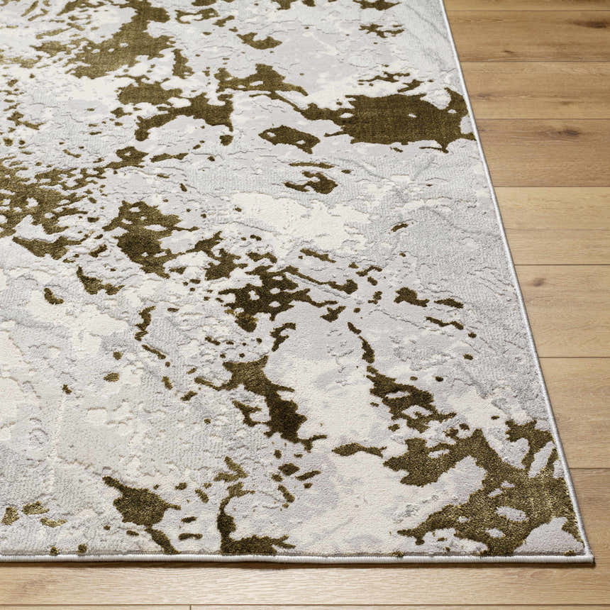 Close up of Jaren Light Gray Area Rug showing abstract gold and gray pattern on wood floor. Contemporary style. Front