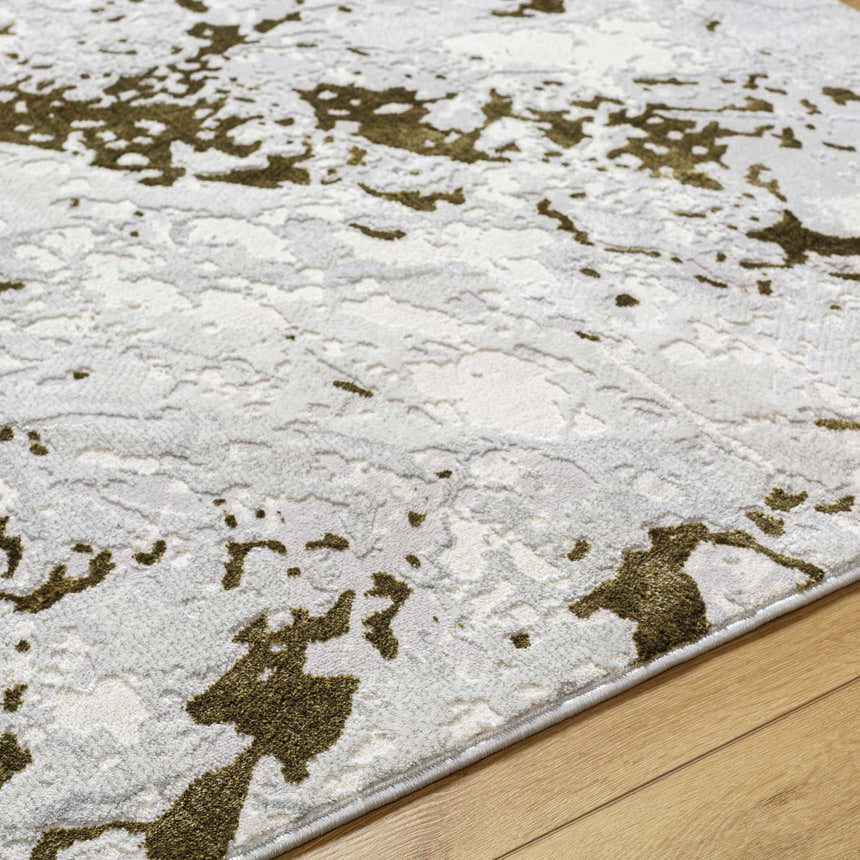 Close-up of the Jaren Light Gray Area Rug showing the abstract light gray and olive green pattern and textured weave. Texture