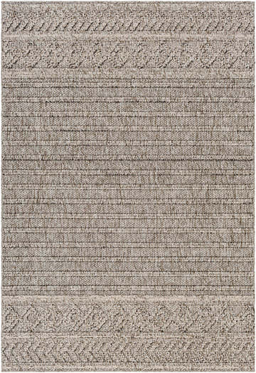 Close-up of the Beige Dekel Area Rug showing its contemporary, textured, horizontal striped pattern in tan, taupe, and light gray. Design-Rectangle-537
