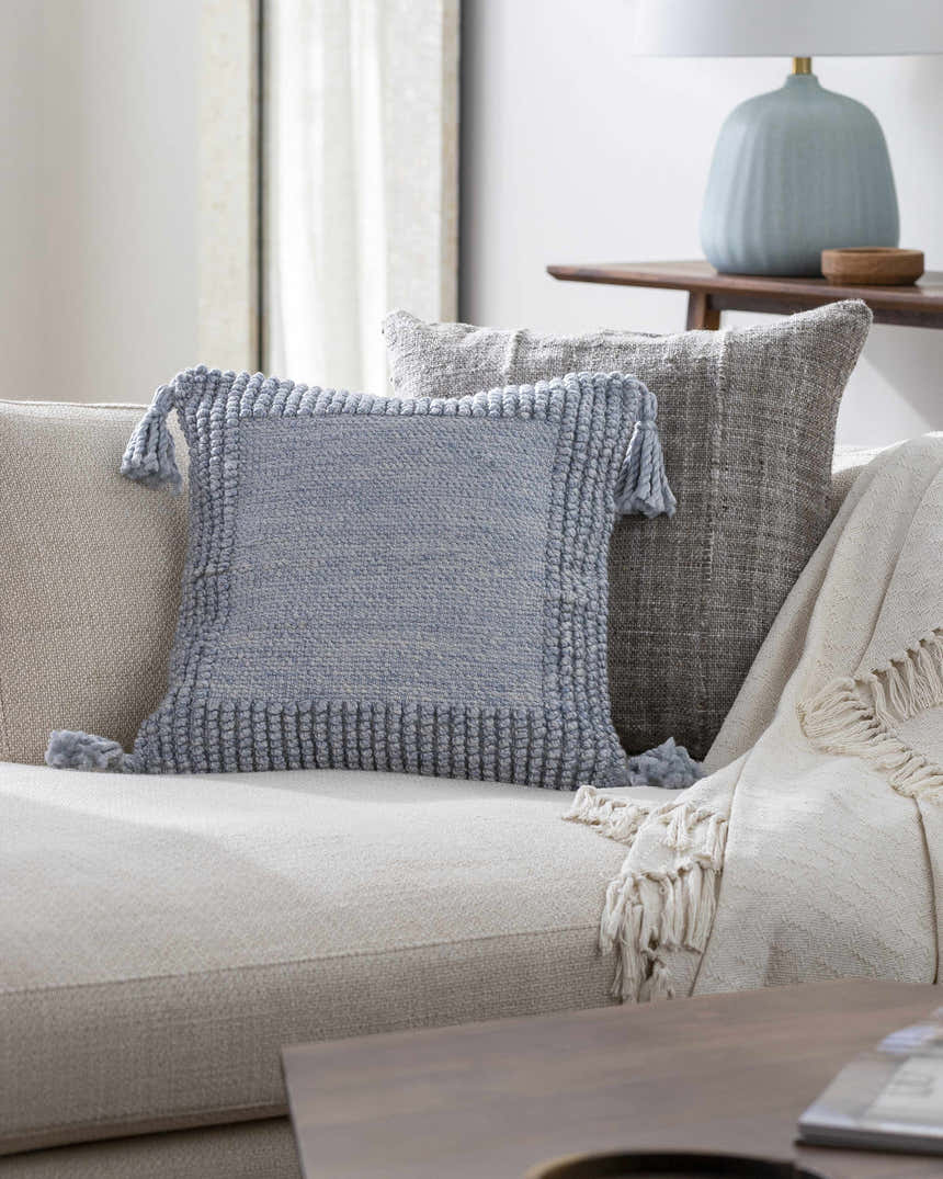 Aerin Pale Blue Linear Pattern Modern Recycled PET Yarn Outdoor Accent Pillow - Clearance