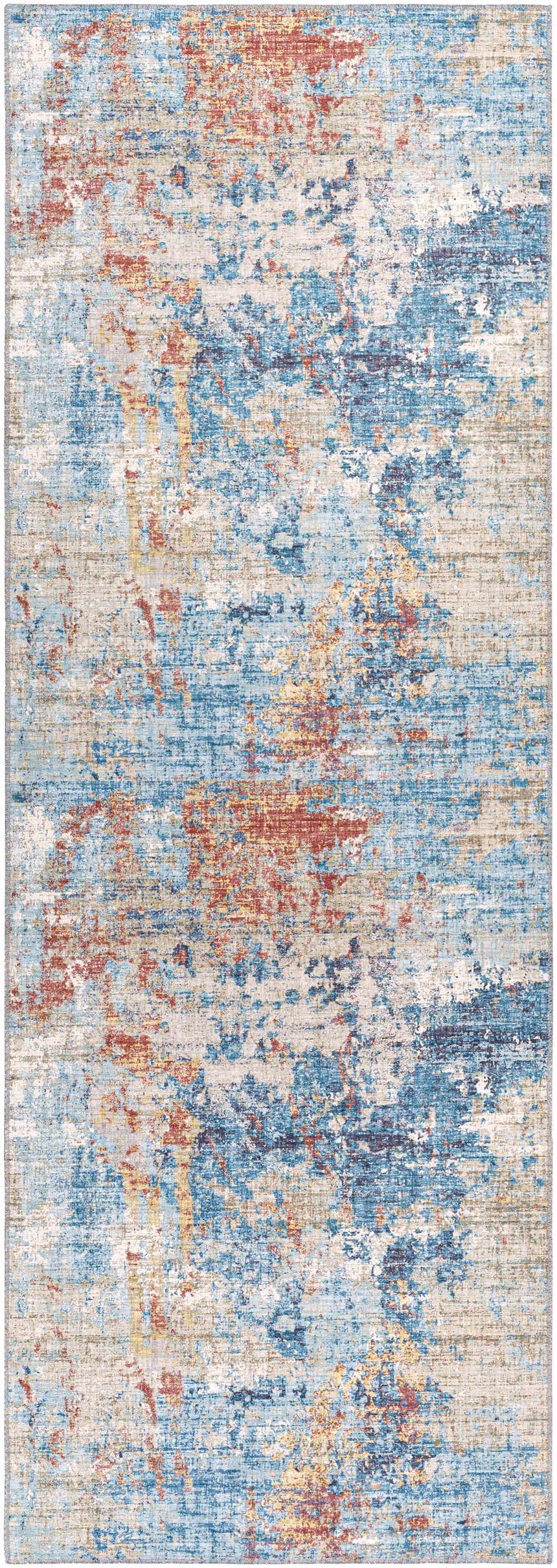 Close-up of the Stallingborough Area Rug showcasing its abstract design in blue, brick red, cream, and tan hues. Design-Runner-2676