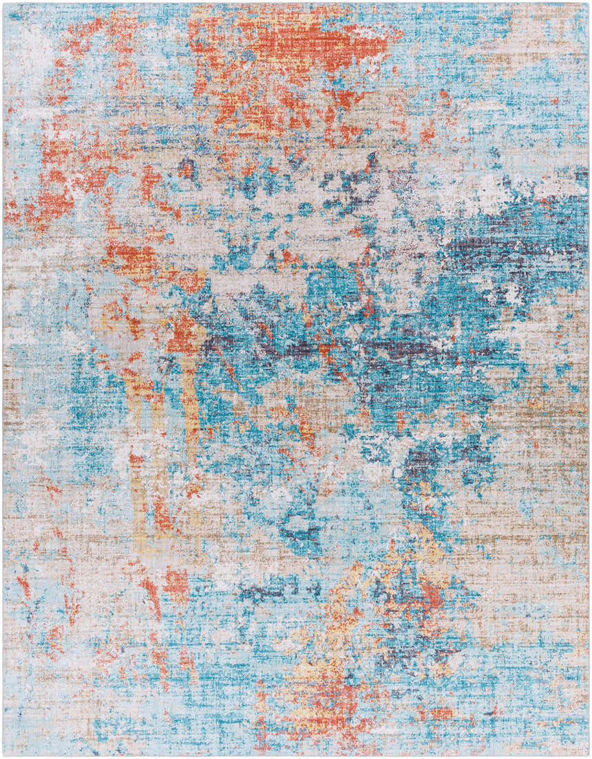 Close-up of the Stallingborough Area Rug featuring a contemporary abstract design in blue, rust, cream, and tan. Design-Rectangle-7696
