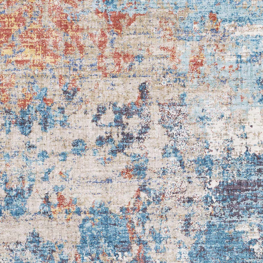 Close-up of the Stallingborough Area Rug. Contemporary design with black, blue, brick red, and cream colors. Machine woven texture. Swatch