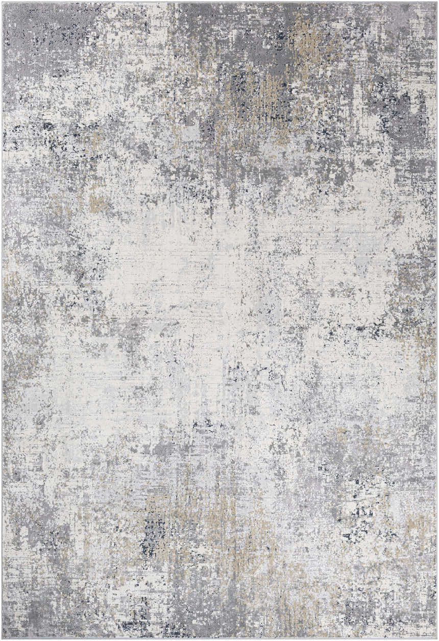 Close-up of Standlake Textured Luxe Area Rug. Contemporary style rug in charcoal, cream, gray, and tan. Abstract pattern. Design-Rectangle-6796