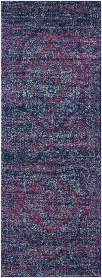 Close-up of the Stonewall Area Rug. Features a vintage style with burgundy, navy, teal, and burnt orange colors. Design-Runner-2773