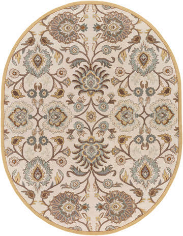 Oval Conesus Hand Tufted Tan 1012 Area Rug with a floral pattern in brown, tan, and blue hues. Traditional style. Design-Oval-810