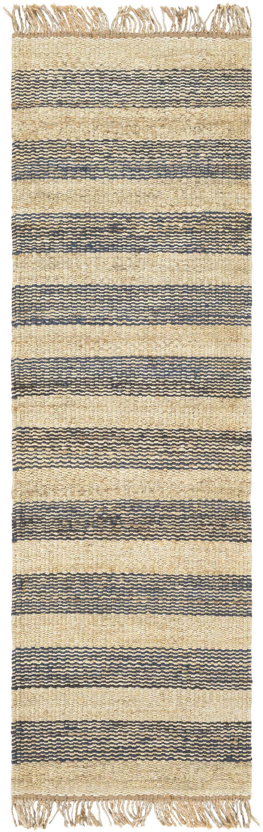Close-up of the Stapleford Striped Jute Carpet. Handwoven rug with cream, navy, and tan stripes and fringed edges. Design-Runner-268