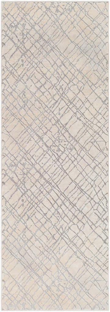 Close-up of Strykersville Area Rug. Beige rug with charcoal gray geometric line pattern. Contemporary, mid-century modern style. Design-Runner-2776
