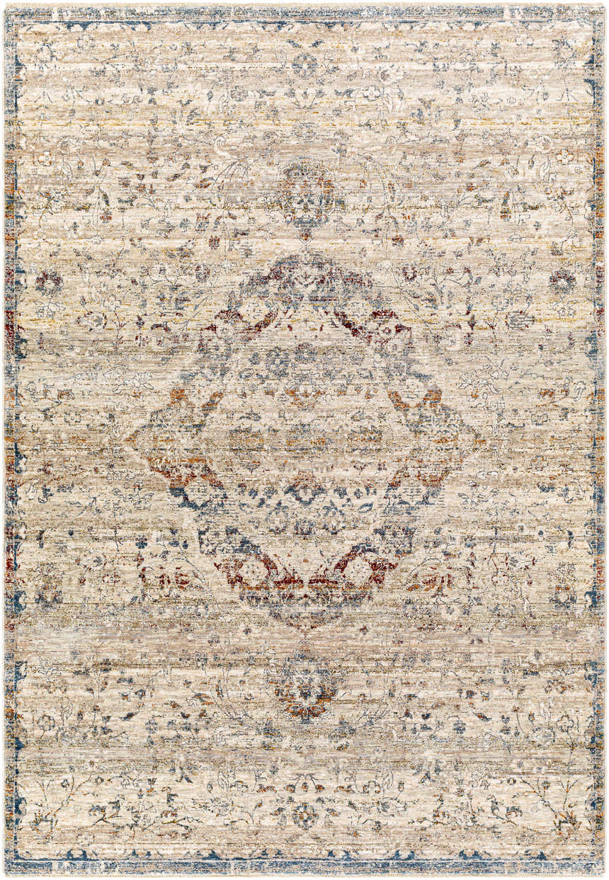 Close-up of the Stratmoor Area Rug. Beige rug with traditional, floral patterns in blue, brown, and burnt orange. Design-Rectangle-582