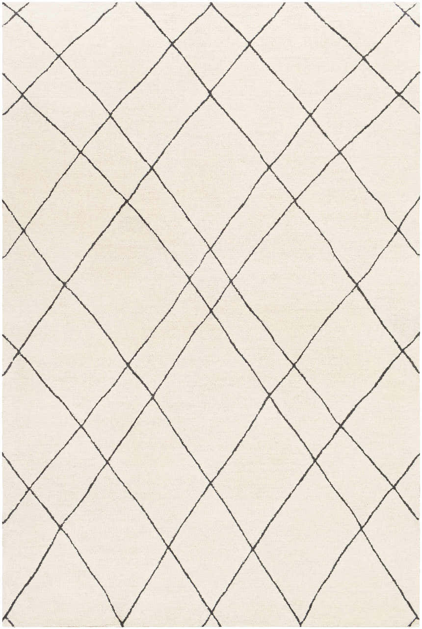 Close-up of Strathalbyn Area Rug. Cream wool rug with a black diamond trellis pattern. Hand-tufted texture. Design-Rectangle-576